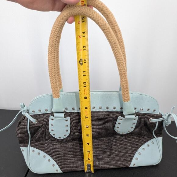 VTG Y2K Kate Landry Matching Handbag & Clutch Set Brown Woven Blue Leather Trim - Picture 6 of 14